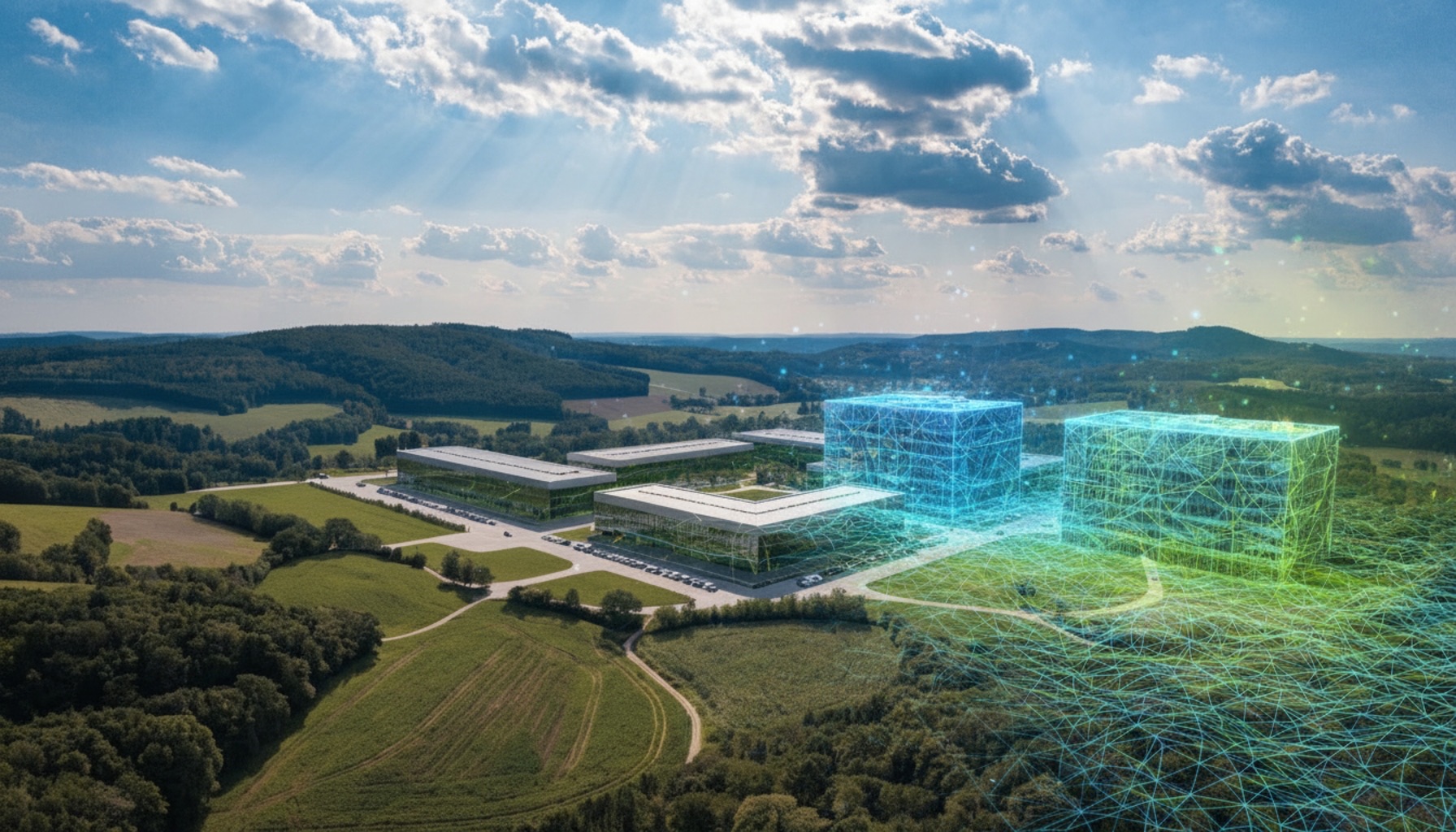 Aerial view of a data center campus overlaid with digital building massing and surface-model visualization.